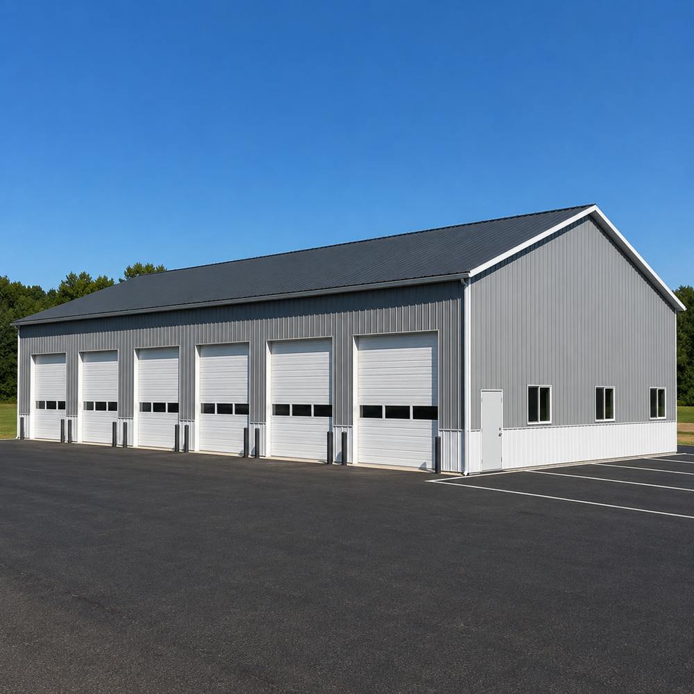 60x120 metal garage — large fleet garage with multiple roll-up bay doors