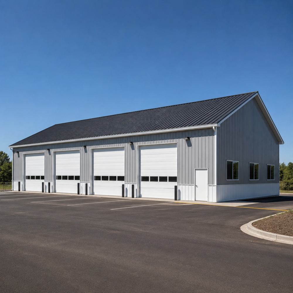 60x80 metal garage — large fleet garage with multiple roll-up bay doors