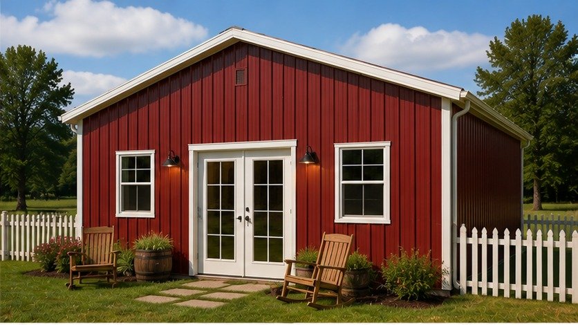 Barn red metal building with white French doors, rocking chairs, and a white picket fence