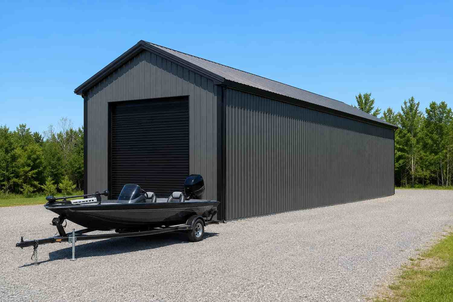 Charcoal metal building for bass boat storage with a tall roll-up door and steel structure walls