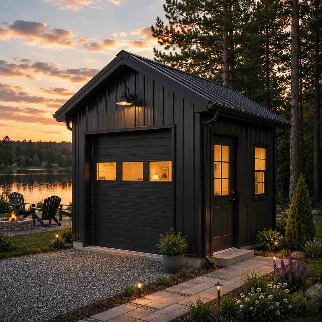 Black metal building with lit windows and garage door beside a lake at dusk