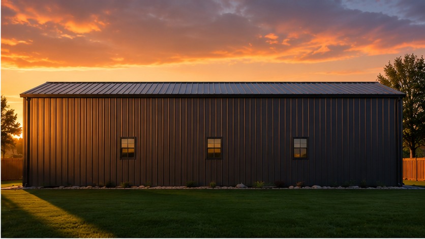 Long bronze metal building side elevation with three windows under a vivid orange sunset