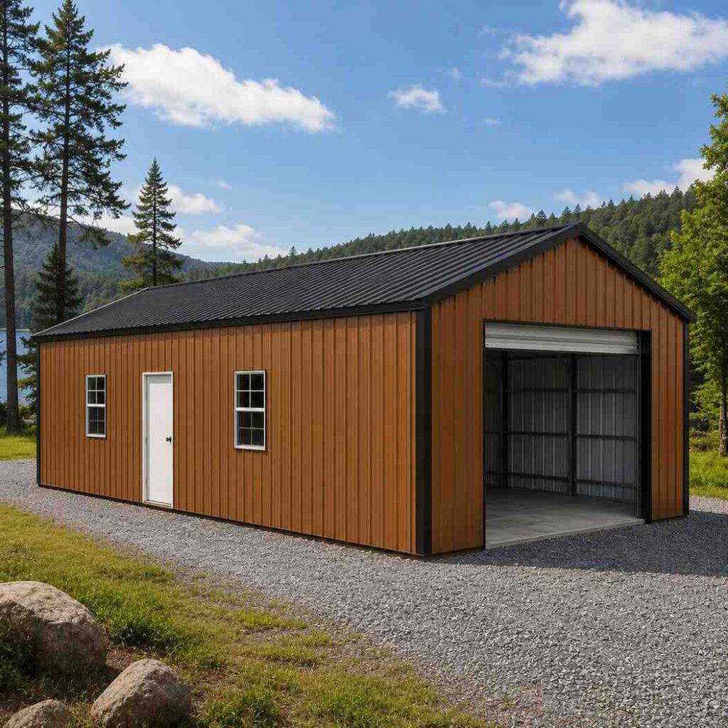 Caramel metal building with open white roll-up door and windows near a wooded lake