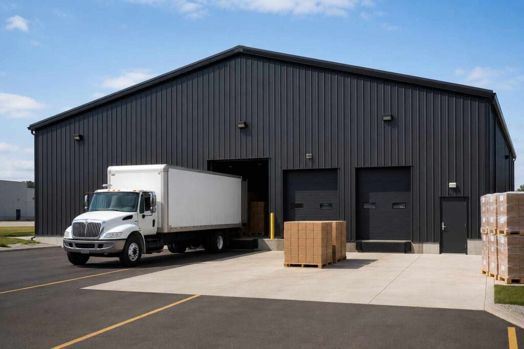 Charcoal metal building distribution center with box truck unloading at the steel dock bays