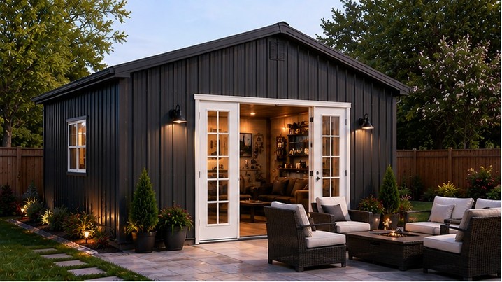 Charcoal metal building man cave with open French doors revealing a furnished lounge at dusk