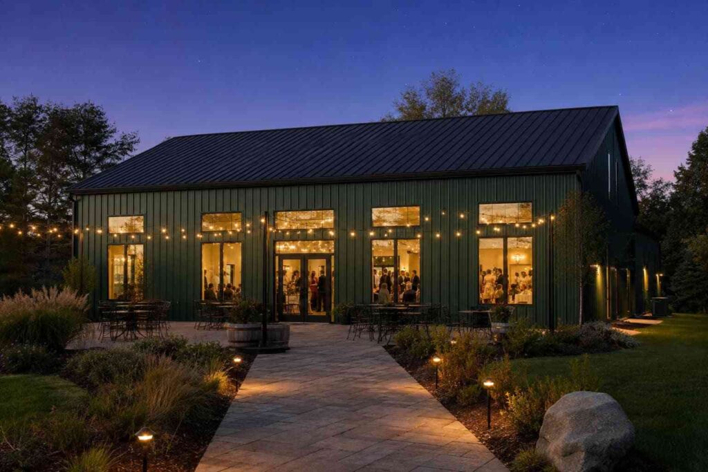 Forest green metal building event venue glowing at dusk with string lights and patio seating