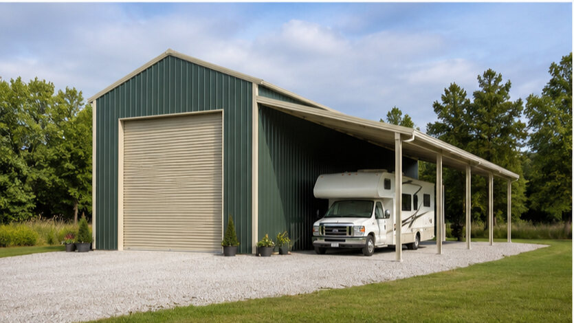 Forest green metal building with cream roll-up door and lean-to RV port over camper