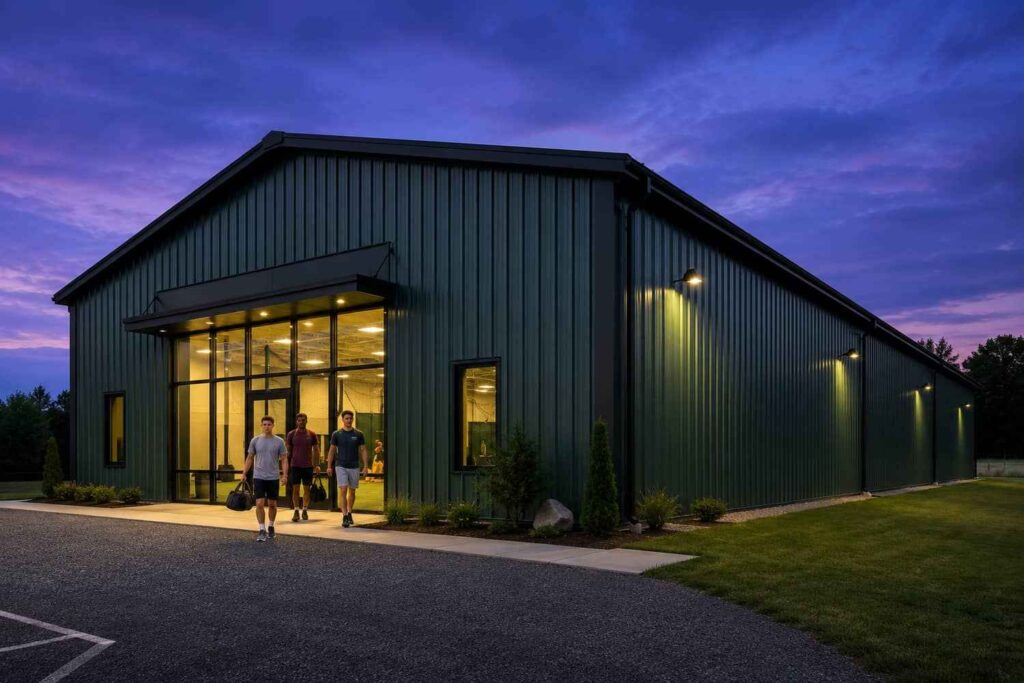 Green metal building sports facility at twilight with athletes leaving lit batting cages