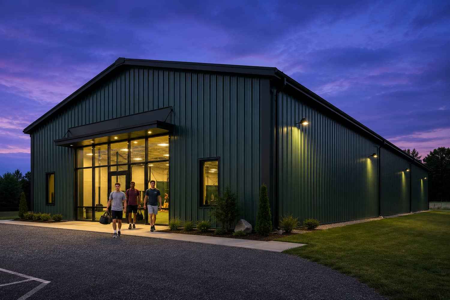 Green metal building sports facility at twilight with athletes leaving lit batting cages