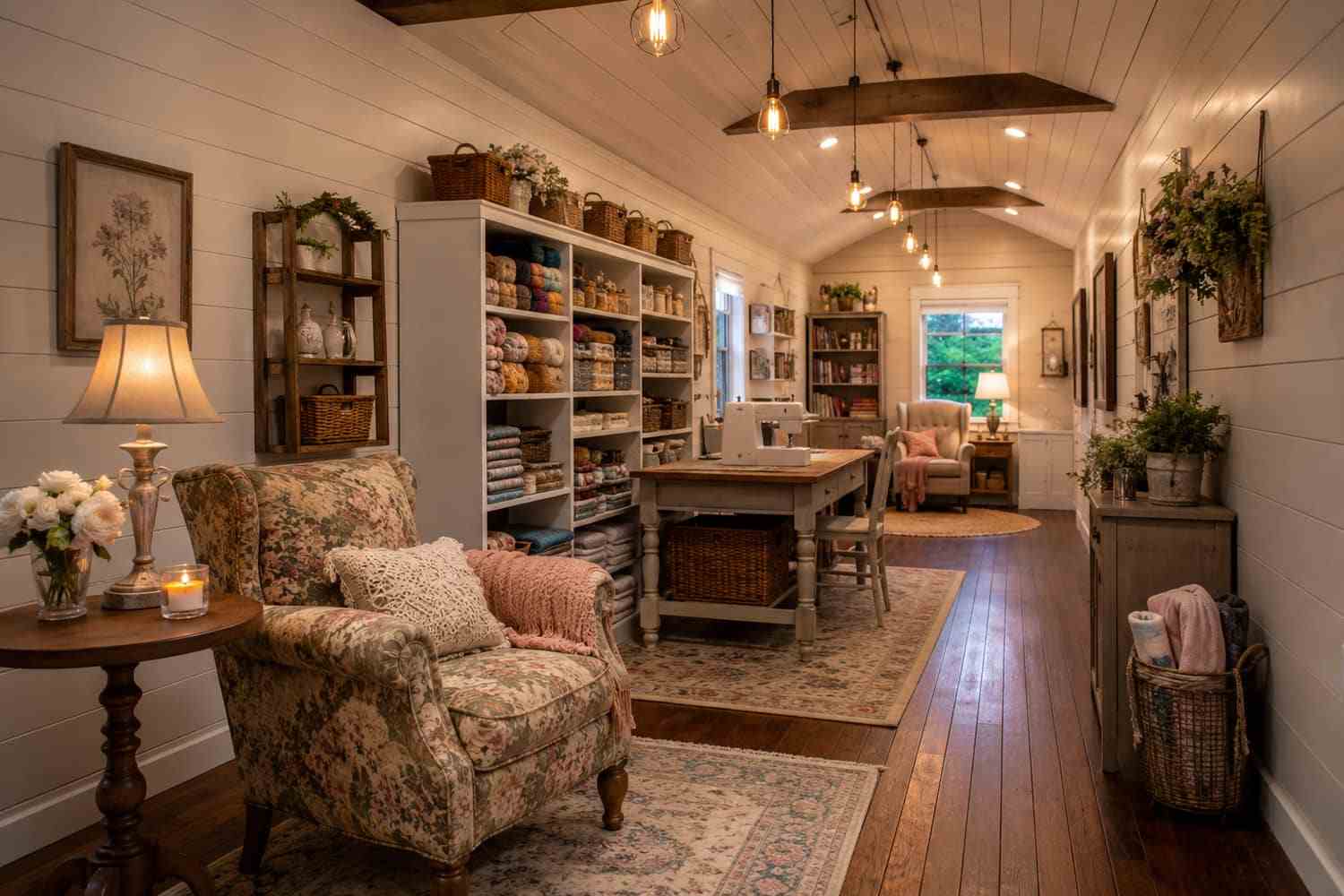 Cozy craft studio inside a metal building with sewing table, yarn shelves, and floral armchair