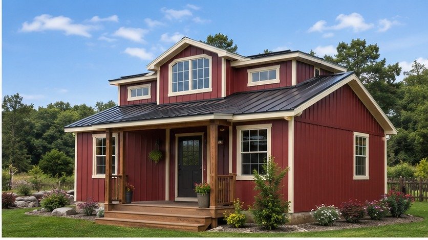 Barn red metal building kit with monitor roof loft, covered porch, and white trim