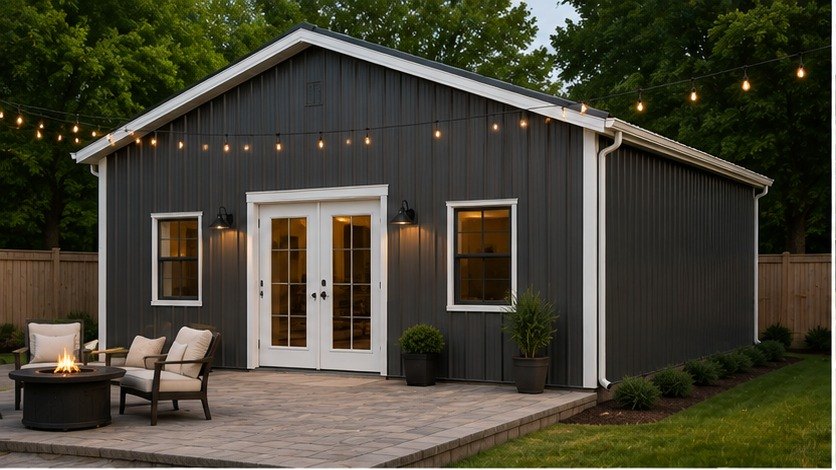 Tan metal shed with green roof and open front bays as a lakeside loafing shelter