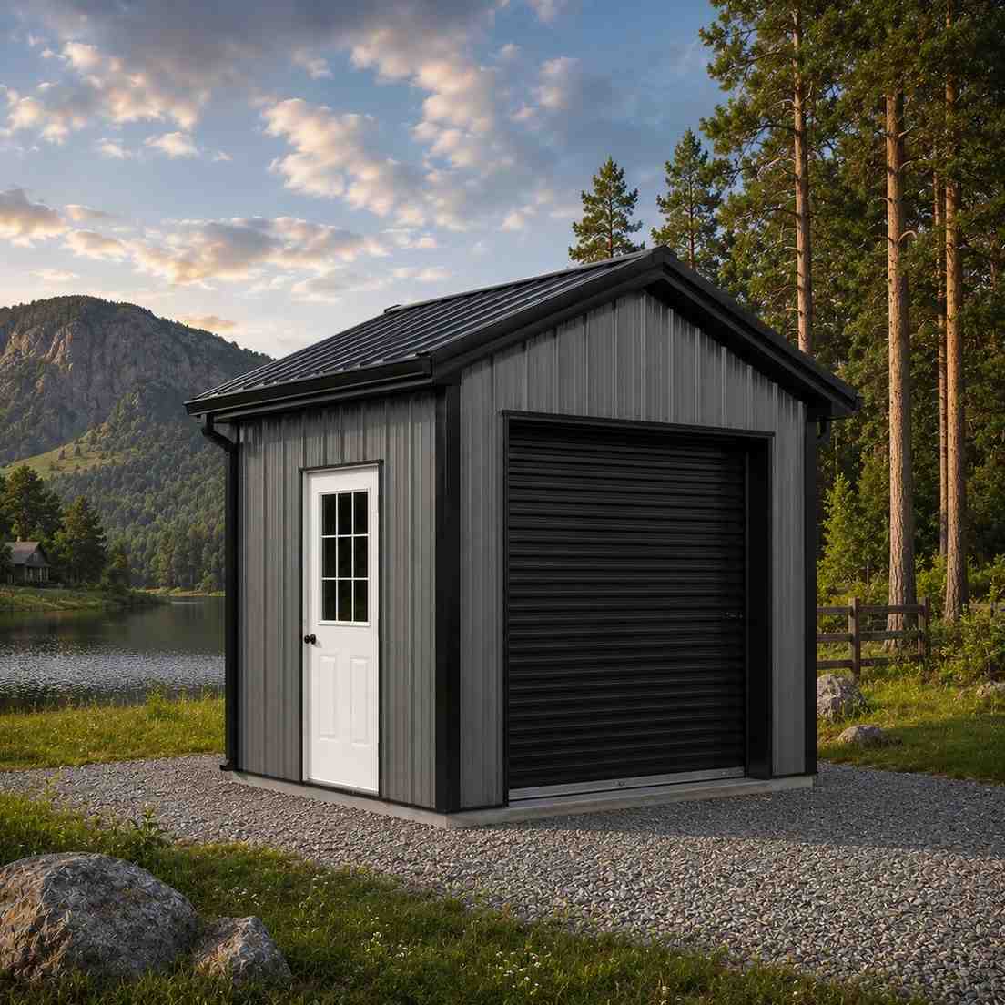 Gray metal building kit with black roll-up door near a mountain lake