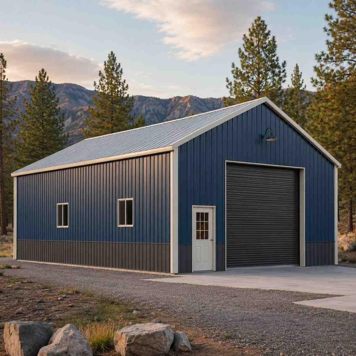 Navy metal building kit with gray wainscot, white trim and black roll-up door in the mountains