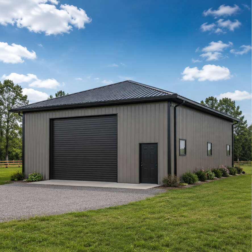 Gray metal building kit with hip roof and black garage door in landscaped yard
