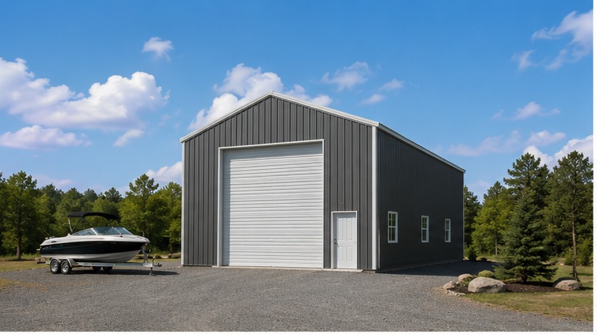 Charcoal metal building kit with tall gable, white roll-up door and boat parked on gravel