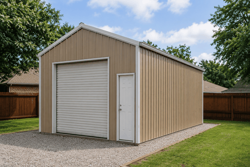 Tan metal building kit garage with white roll-up door on gravel pad by backyard fence