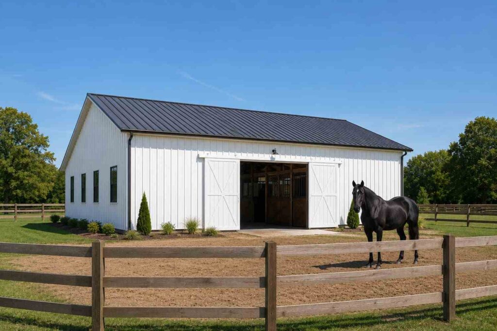 White metal building kit horse barn with black roof and black horse by wood fence