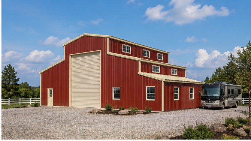 Barn red metal building with monitor roof, tall garage door and motorhome parked alongside