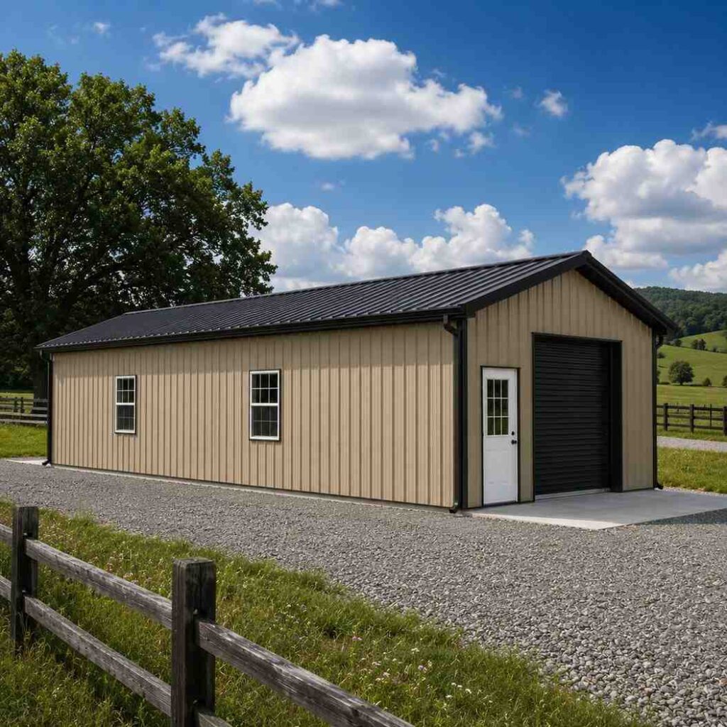 Long tan metal building with black roof, roll-up door and windows beside pasture fencing