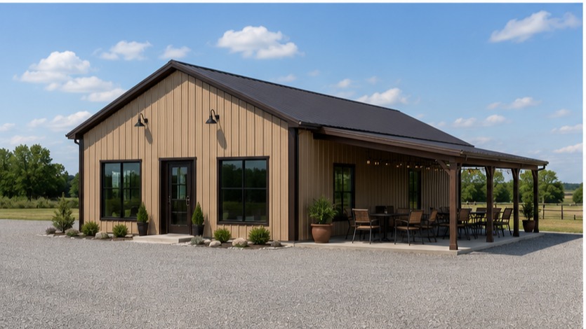 Tan metal building cafe with covered lean to patio and outdoor dining tables