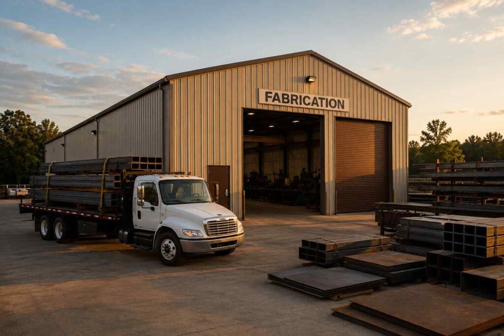 Tan metal building fabrication shop at sunset with a flatbed truck hauling steel tube