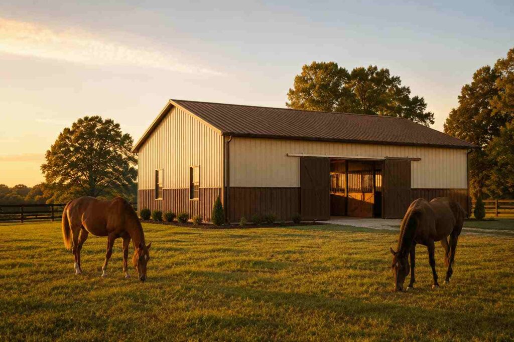 Tan metal building horse barn at golden hour with two horses grazing nearby