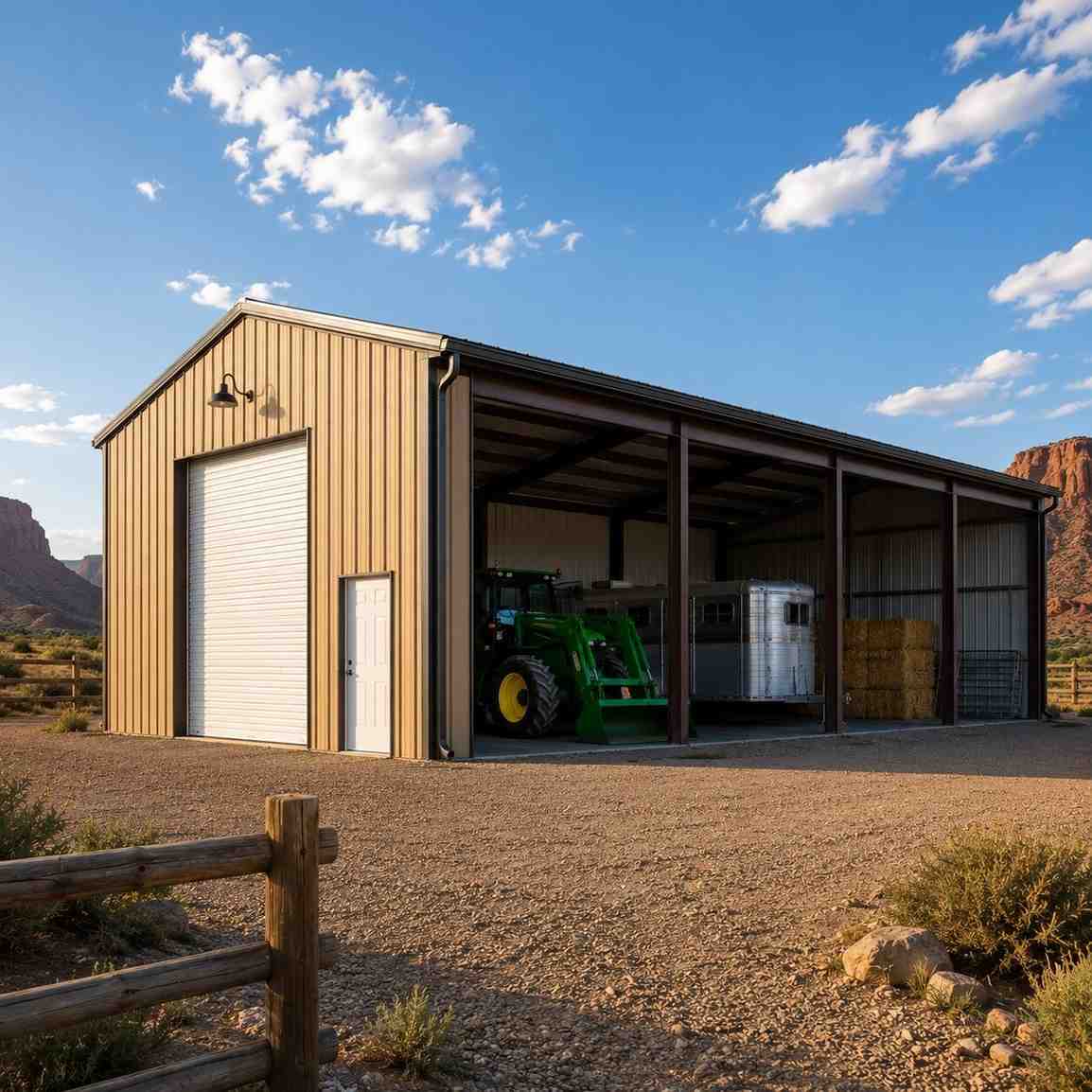 Tan metal building with open side bays holding a tractor, horse trailer and hay