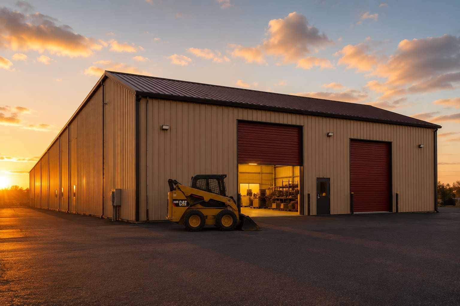 Tan metal building warehouse with red roll-up doors and a skid steer parked at sunset