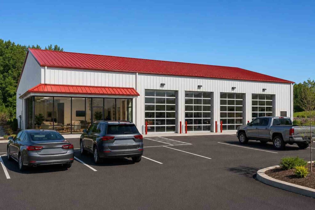 White metal building with red roof and four glass roll-up doors at a steel auto shop