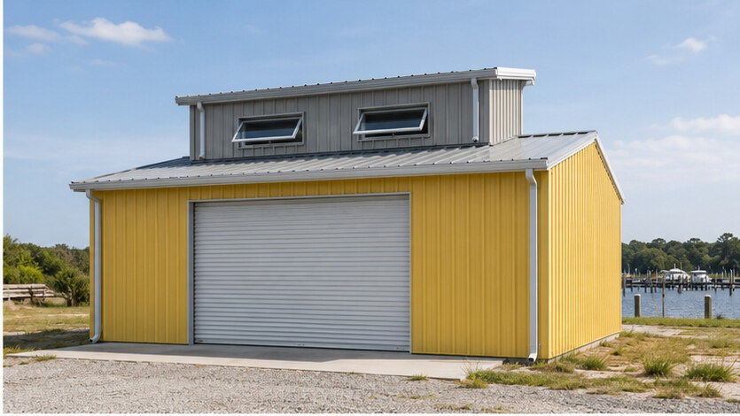 Yellow metal building with raised gray clerestory windows and white roll-up door near boat docks
