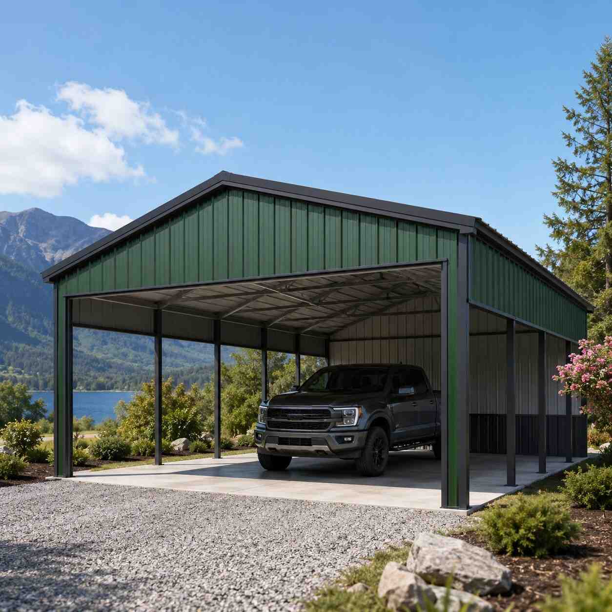 Dark green metal carport with gable roof sheltering a pickup truck near a mountain lake