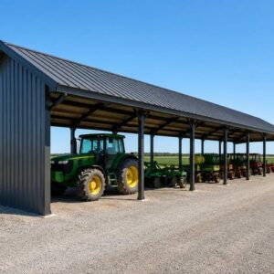 Open-sided metal carport sheltering tractors and farm implements along a gravel farm road
