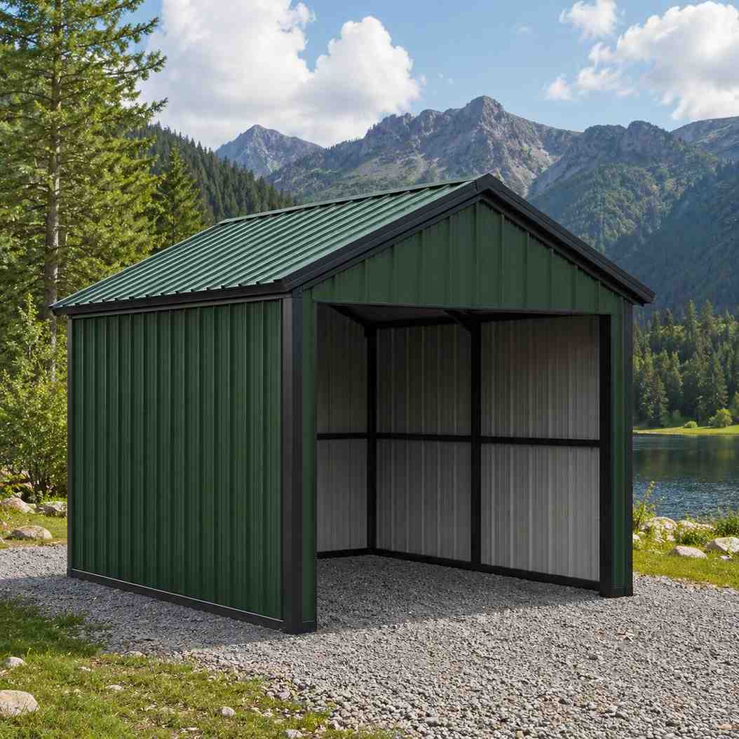 Green metal carport style loafing shelter with black trim by a mountain lake