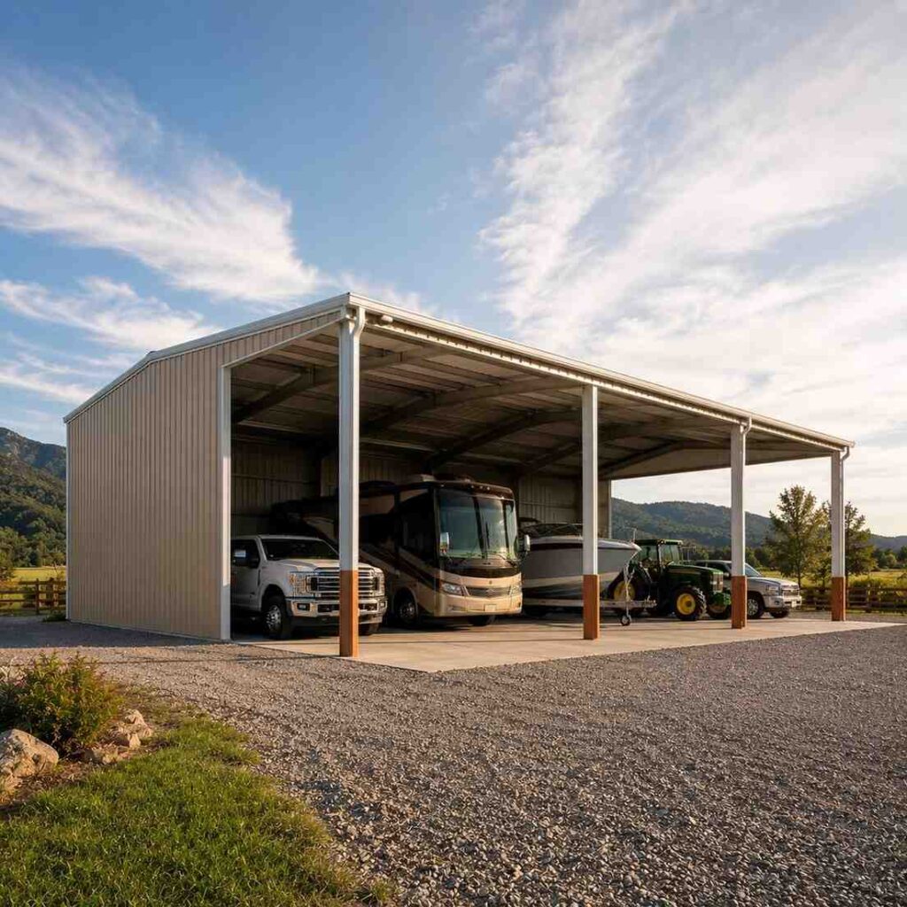 White metal carport with open bays covering an RV, pickup trucks, boat and tractor