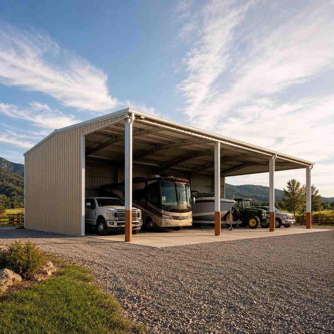 White metal carport with open bays covering an RV, pickup trucks, boat and tractor