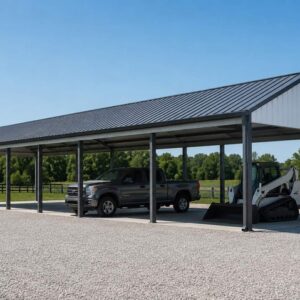 Gray metal carport open shelter covering a pickup truck and skid steer beside a fenced pasture