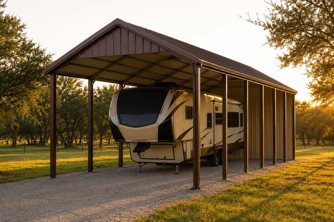 Brown metal carport RV cover sheltering a fifth wheel camper at sunset among shade trees