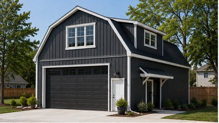 Matte black metal garage apartment with gambrel roof, side entry awning, and suburban yard