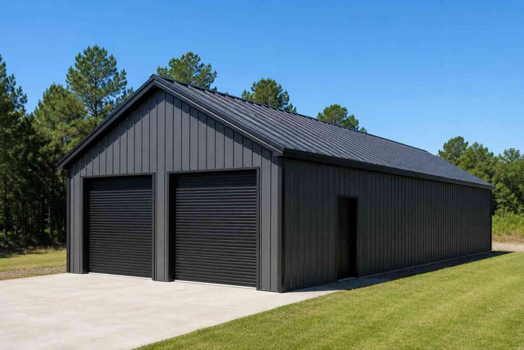 Black metal garage with two roll-up doors and steel building gable roof on a wooded lot