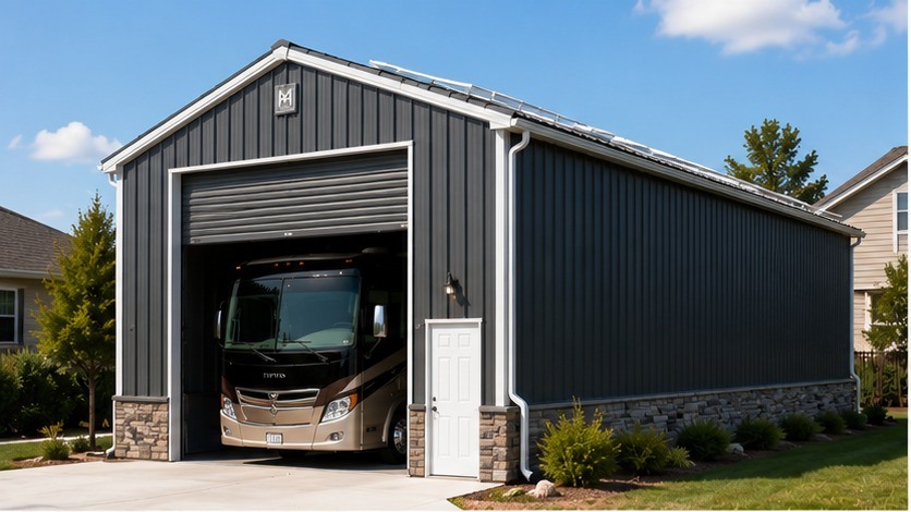 Motorhome parked inside a charcoal metal garage with open roll-up door and stone wainscot