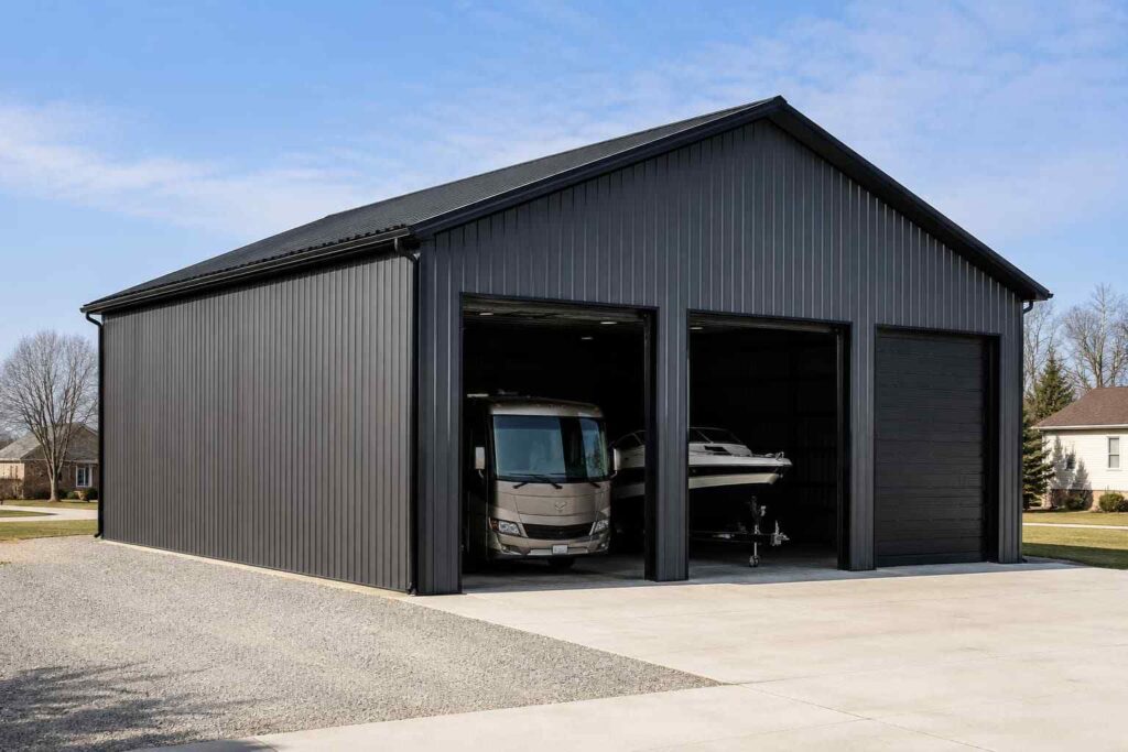 Charcoal metal garage with three tall doors storing a motorhome and trailered boat