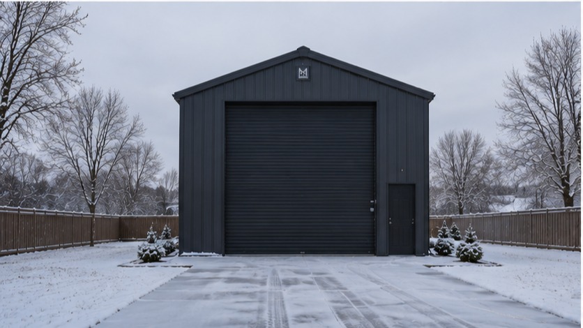 Dark gray metal garage with closed roll-up door standing in a snow covered fenced yard