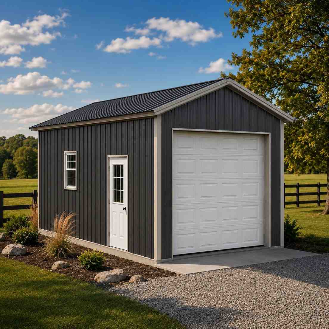 Charcoal metal garage with white overhead door and glazed entry by farm fencing