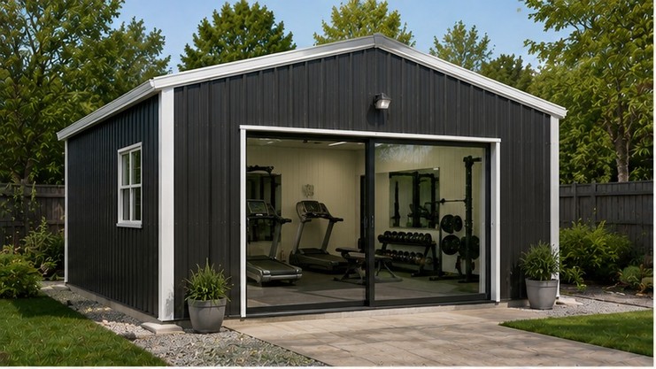 woodshop and home gym split + seasonal storage