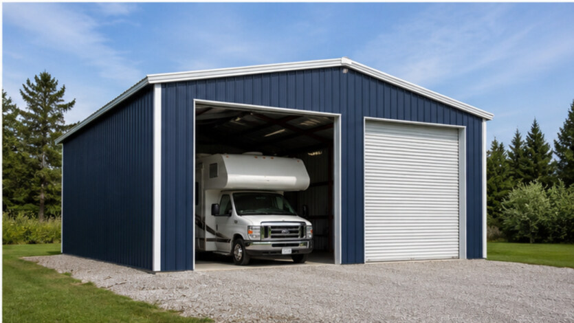 Navy blue metal garage with two bays sheltering a Class C camper on gravel