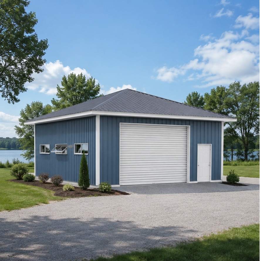 Slate blue metal garage with hip roof and white roll-up door beside a lake