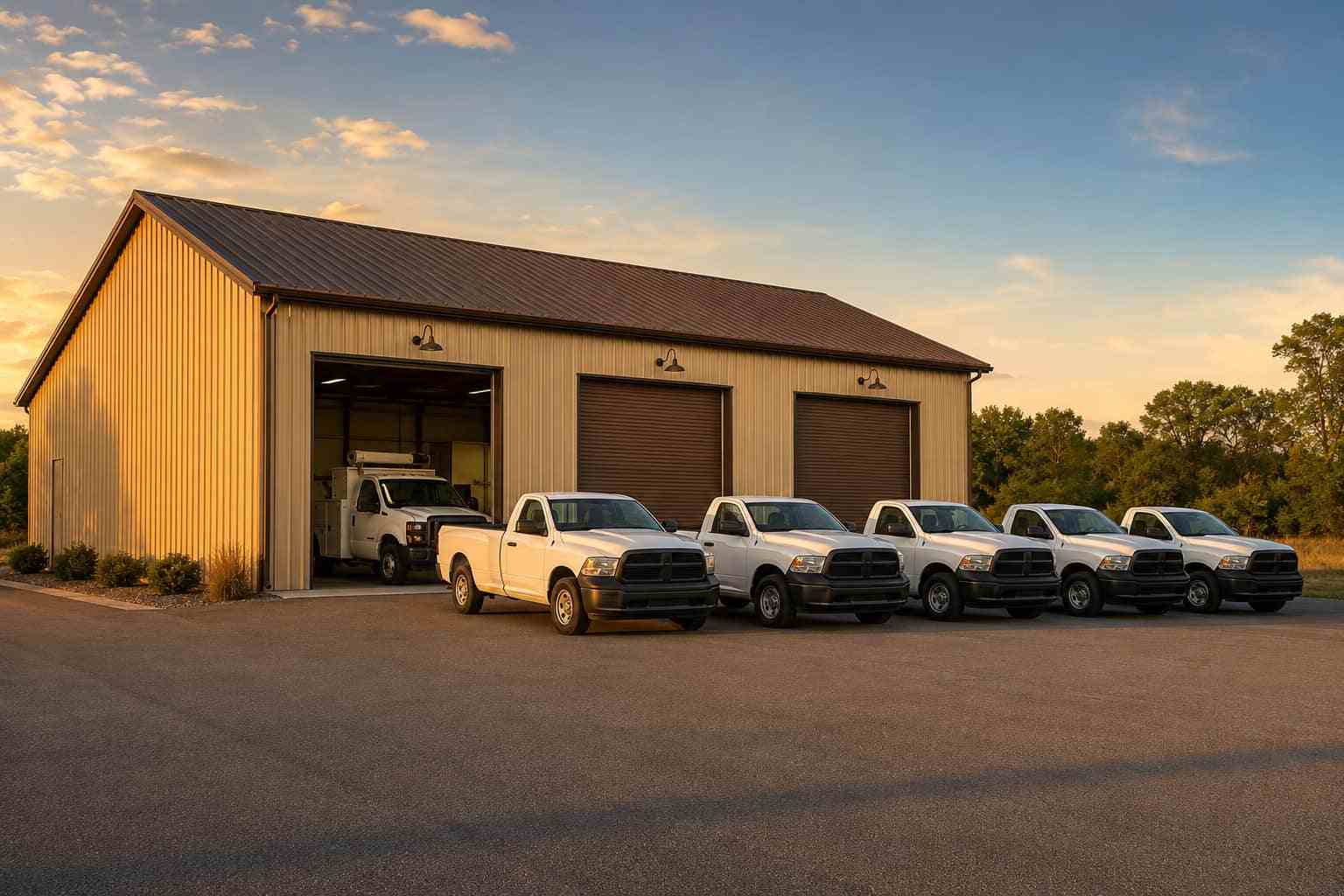 Tan metal garage with brown roll-up doors and white fleet pickups at golden hour