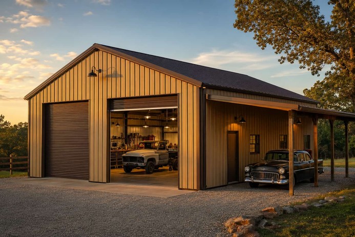 Tan metal garage with lean-to porch sheltering classic car and vintage truck inside