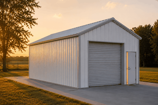 White metal garage with roll-up door and walk-in entry on concrete pad at sunset